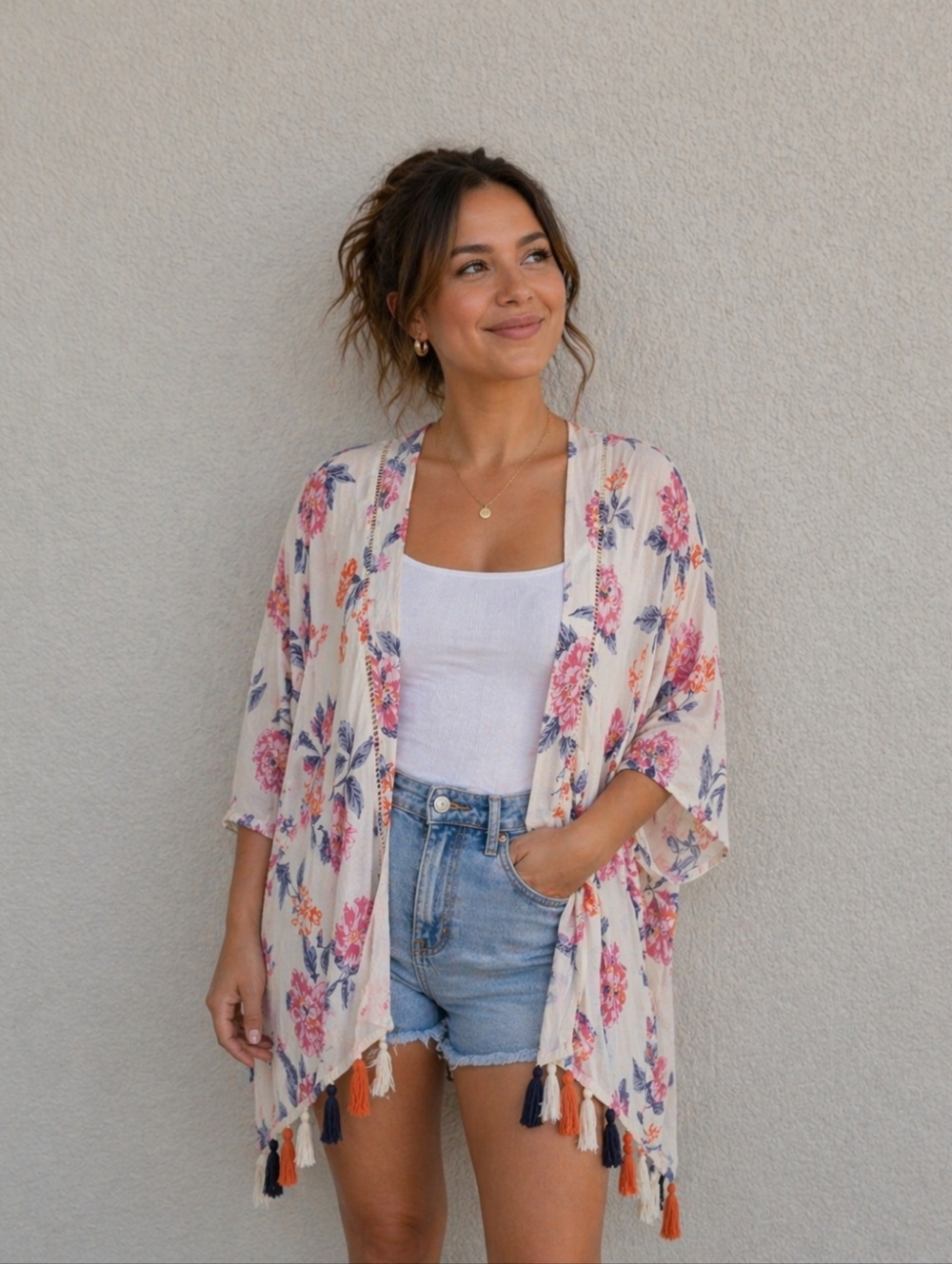 Angie Cream Kimono with Pink & Blue Floral Print, Size S